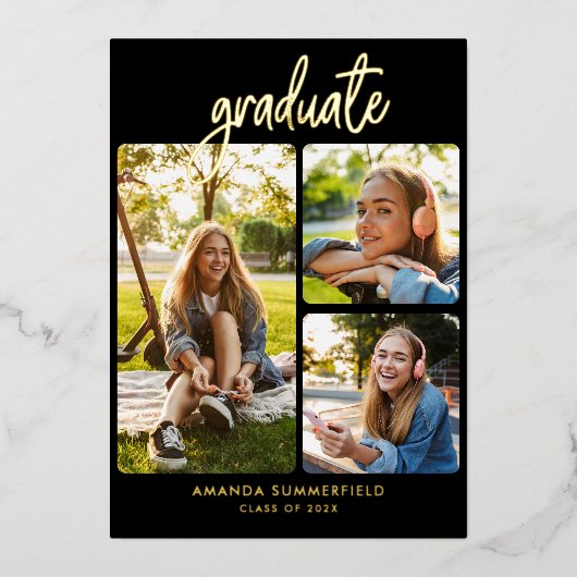 Afstuderen 2025 Fotocollage Afstudeerder Party Gol Folie Uitnodiging (Voorkant)