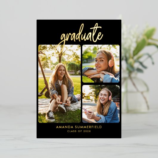 Afstuderen 2025 Fotocollage Afstudeerder Party Gol Folie Uitnodiging (Staand Voorkant)
