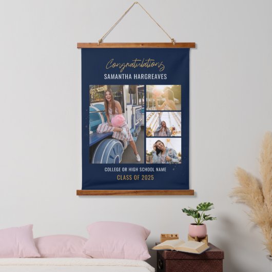 Afstuderen 2025 Fotocollage Navy Blauw Afstuderen Hangend Wandkleed (Slaapkamer)