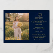 Afstuderen 2025 Fotocollage Navy Blue Gold Folie Uitnodiging (Achterkant)