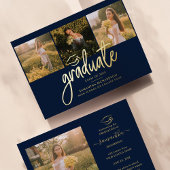 Afstuderen 2025 Fotocollage Navy Blue Gold Folie Uitnodiging