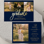 Afstuderen 2025 Fotocollage Navy Blue Gold Folie Uitnodiging