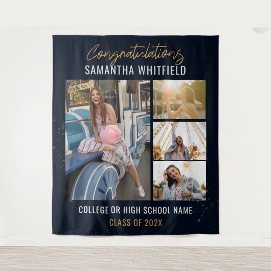 Afstuderen 2025 Fotocollage Navy Blue Photobooth Wandkleed (Voorkant)