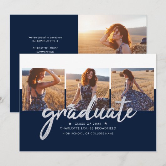 Afstuderen 2025 Fotocollage Navy en Zilver Afstude Aankondiging (Voorkant / Achterkant)