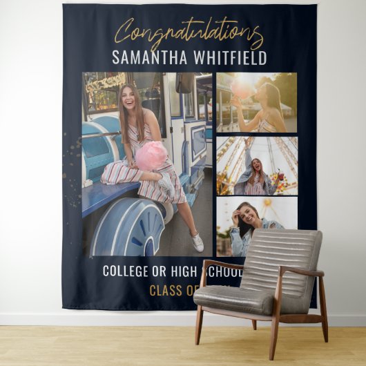 Afstuderen 2025 Fotocollage Navyblauw Fotobooth Wandkleed (In situ)