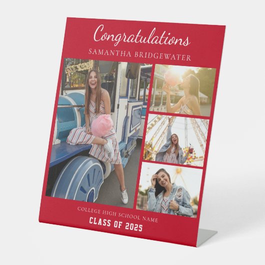 Afstuderen 2025 Fotocollage Rood Afstuderen Aangep Reclamebord Met Voetstuk (Voorkant)