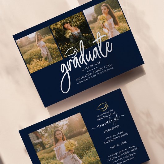 Afstuderen 2025 Fotocollage Script Navy Silver Folie Uitnodiging