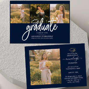 Afstuderen 2025 Fotocollage Script Navy Silver Folie Uitnodiging
