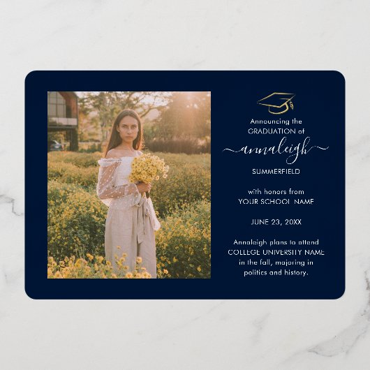 Afstuderen 2025 Fotocollage Script Navy Silver Folie Uitnodiging (Achterkant)