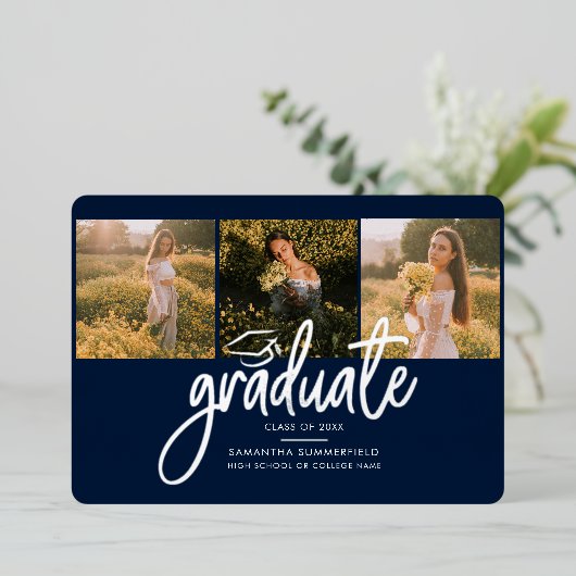 Afstuderen 2025 Fotocollage Script Navy Silver Folie Uitnodiging (Staand Voorkant)