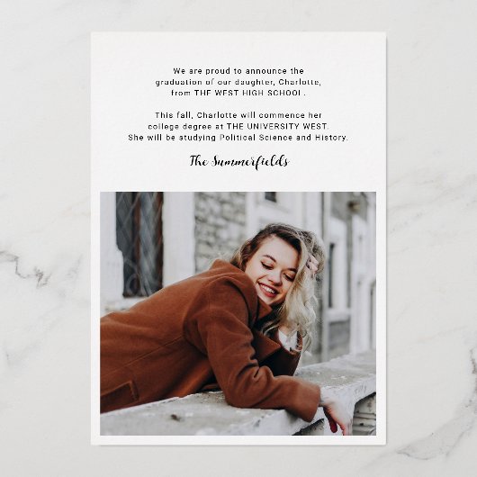 Afstuderen 2025 Foto's Roos Gold Folie Aankondigin Folie Uitnodiging (Achterkant)