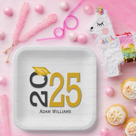 Afstuderen 2025 Goud en Zwart op Hout Papieren Bordje (Feest)