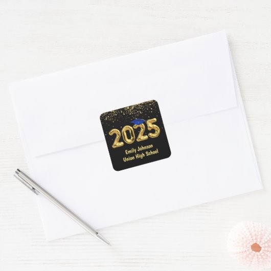 Afstuderen 2025 gouden ballonnen en blauw Pet Vierkante Sticker (Envelop)