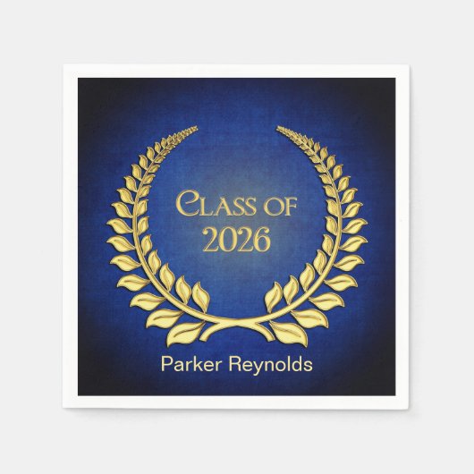 Afstuderen 2025 gouden laurierkrans op blauw servet (Voorkant)