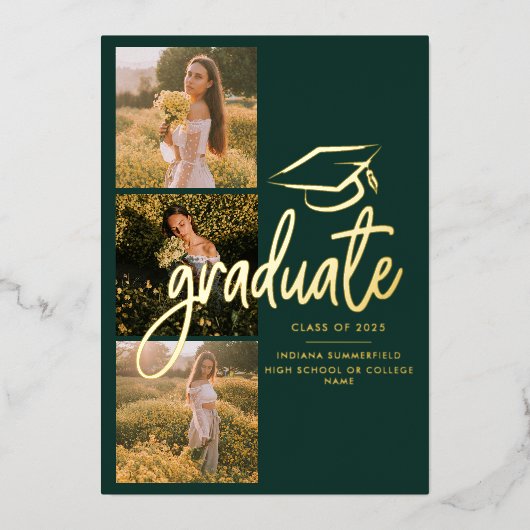 Afstuderen 2025 Groene Foto Gold Folie Aankondigin Folie Uitnodiging (Voorkant)