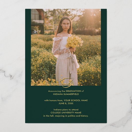 Afstuderen 2025 Groene Foto Gold Folie Aankondigin Folie Uitnodiging (Achterkant)