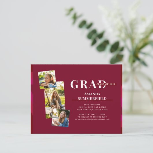 Afstuderen 2025 Modern 3 foto's Afstudeerder Party Uitnodiging Briefkaart (Staand voorkant)