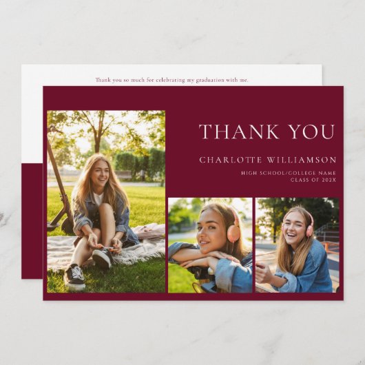 Afstuderen 2025 Moderne Bourgogne Foto's Bedankkaart (Voorkant / Achterkant)