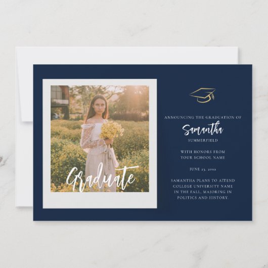 Afstuderen 2025 Navy blauw en wit script Aankondiging (Achterkant)