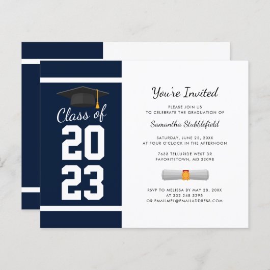 Afstuderen 2025 Navy Blue Afstudeerder Party Invit (Voorkant / Achterkant)