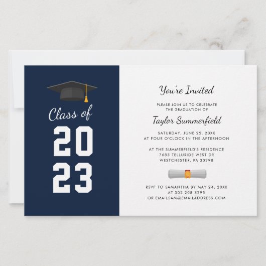 Afstuderen 2025 Navy Blue Afstudeerder Party Invit (Voorkant)