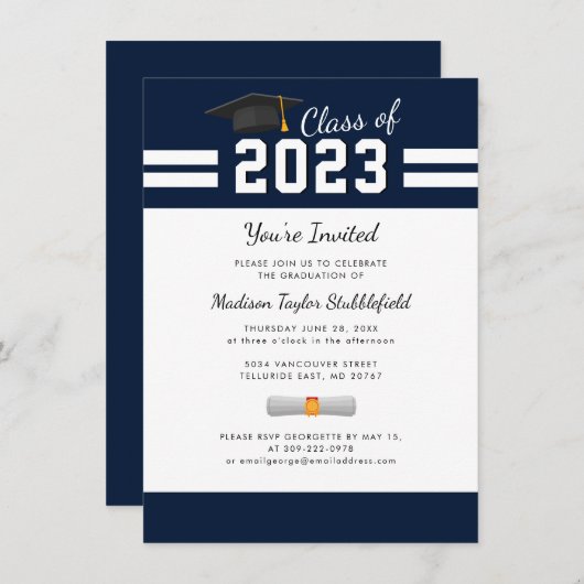 Afstuderen 2025 Navy Blue Afstudeerder Party Kaart (Voorkant / Achterkant)