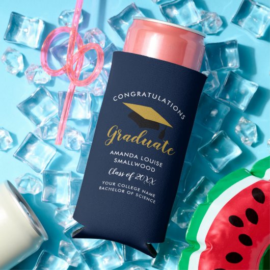 Afstuderen 2025 Navy Blue Afstudeerder Party Seltzer Blikjeskoeler (Insitu Zomer)