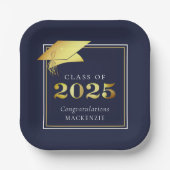 Afstuderen 2025 Navy Blue Faux Metallic Gold Papieren Bordje (Voorkant)