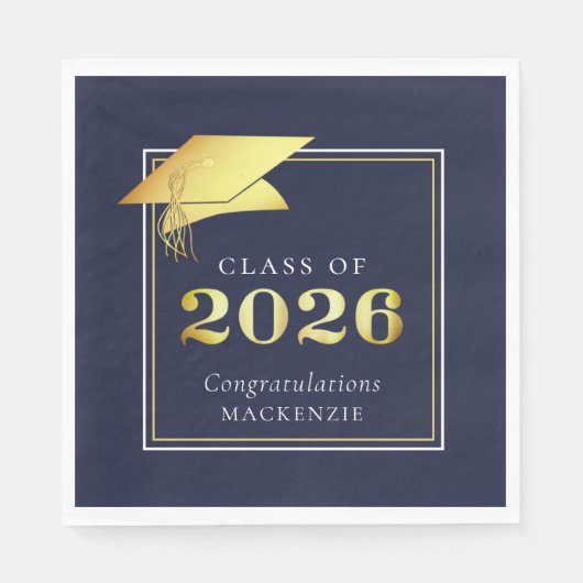 Afstuderen 2025 Navy Blue Faux Metallic Gold Servet (Voorkant)