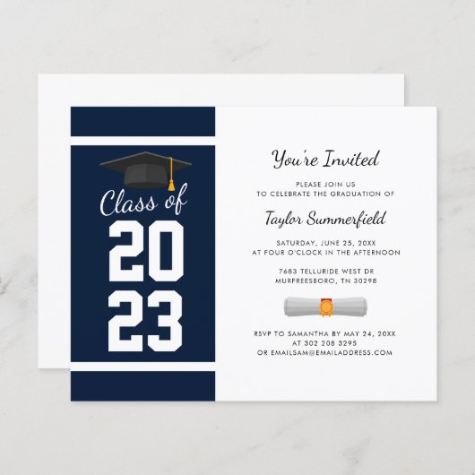 Afstuderen 2025 Navy Blue Modern Party Invitation (Voorkant / Achterkant)