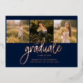 Afstuderen 2025 Navy Blue Photo Collage Roos Gold Folie Uitnodiging (Voorkant)