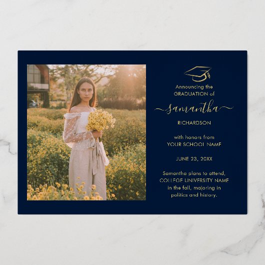 Afstuderen 2025 Navy Blue Photo Collage Roos Gold Folie Uitnodiging (Achterkant)
