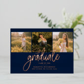 Afstuderen 2025 Navy Blue Photo Collage Roos Gold Folie Uitnodiging (Staand Voorkant)