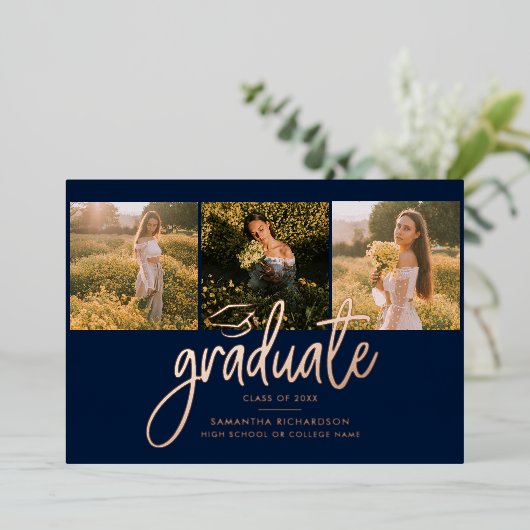 Afstuderen 2025 Navy Blue Photo Collage Roos Gold Folie Uitnodiging (Staand Voorkant)