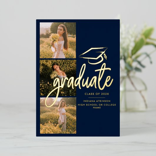 Afstuderen 2025 Navy Photo Gold Foil Aankondiging (Staand Voorkant)