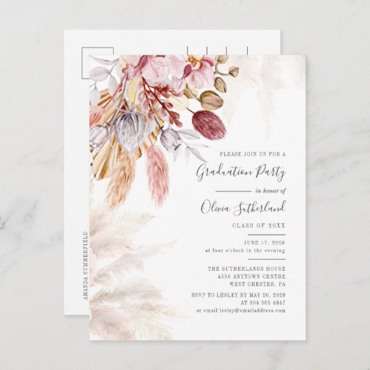 Afstuderen 2025 Pampas Grass Afstudeerder Party Uitnodiging Briefkaart (Voorkant / Achterkant)