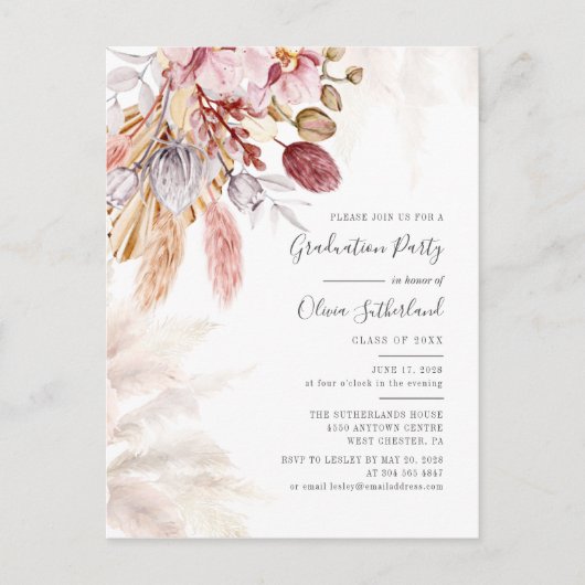 Afstuderen 2025 Pampas Grass Afstudeerder Party Uitnodiging Briefkaart (Voorkant)