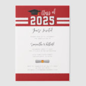 Afstuderen 2025 Red White Script Afstudeerder Part Vellum Uitnodigingen (Voorkant)