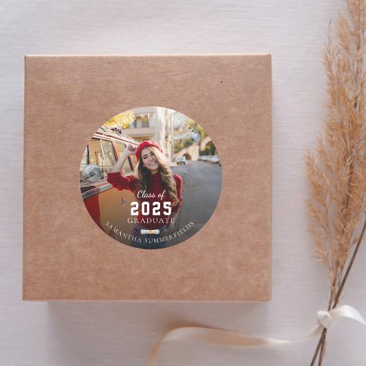 Afstuderen 2025 rode foto afstudeerfeest ronde sticker