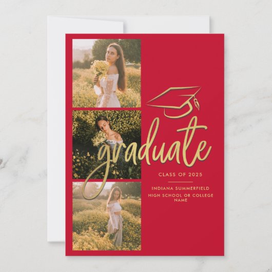 Afstuderen 2025 Rood Goud Afstuderen Fotocollage Aankondiging (Voorkant)