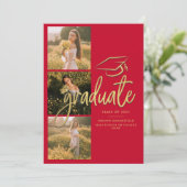 Afstuderen 2025 Rood Goud Afstuderen Fotocollage Aankondiging (Staand voorkant)