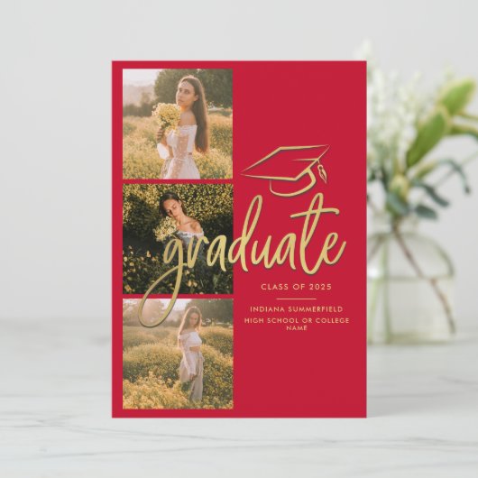 Afstuderen 2025 Rood Goud Afstuderen Fotocollage Aankondiging (Staand voorkant)