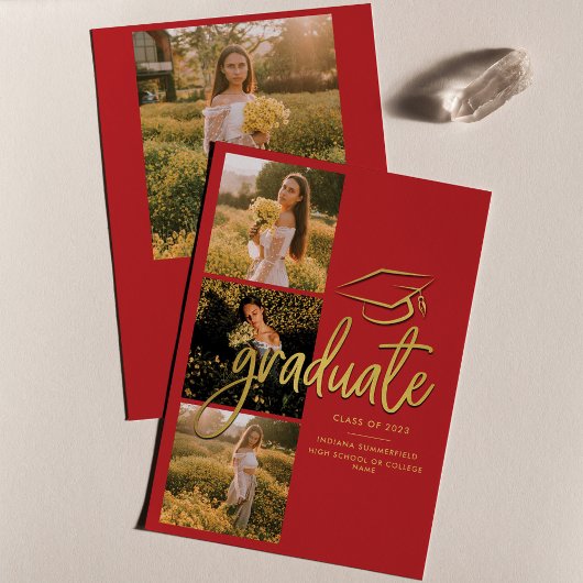 Afstuderen 2025 Rood Goud Afstuderen Fotocollage Aankondiging