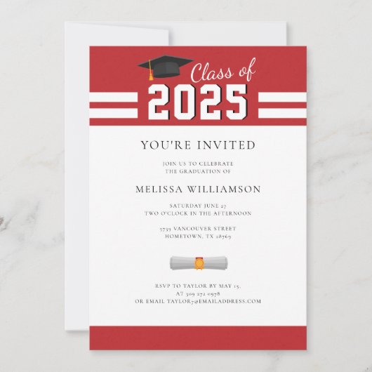 Afstuderen 2025 Rood Wit Afstudeerder Uitnodiging (Voorkant)