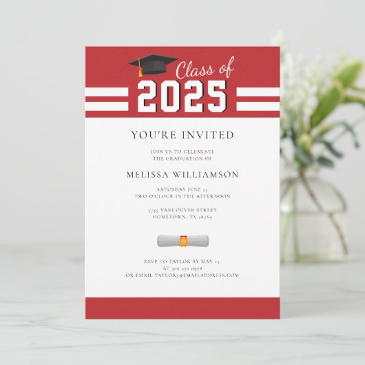 Afstuderen 2025 Rood Wit Afstudeerder Uitnodiging (Staand voorkant)