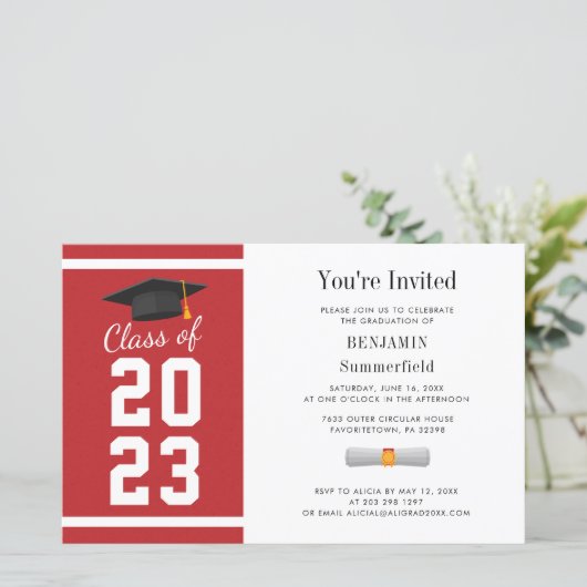 Afstuderen 2025 Rood Wit Afstudeerder Uitnodiging (Staand voorkant)