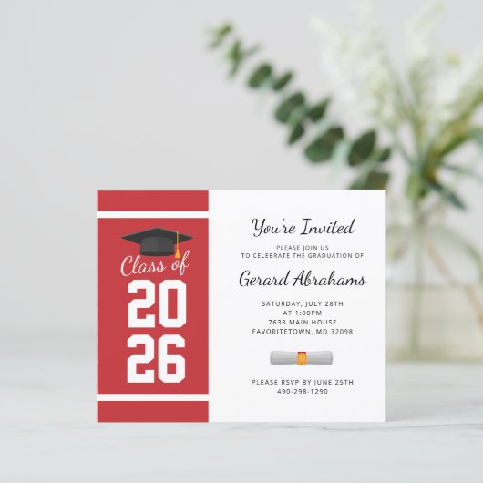 Afstuderen 2025 Rood Wit Afstudeerder Uitnodiging (Staand voorkant)