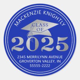 Afstuderen 2025 Royal Blue Silver Retouradres Ronde Sticker