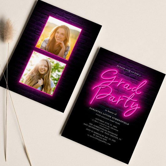 Afstuderen 2025 Roze Neon Script 2 Foto's Party Kaart