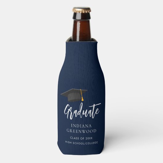 Afstuderen 2025 Script Minimalist Navy Blue Flesjeskoeler (Fles Voorkant)